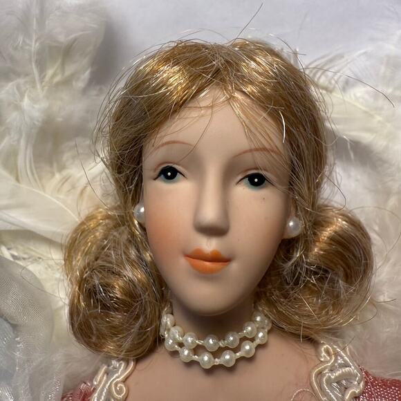 VTG Porcelain Angel Christmas Ornament Cream Pink Pearl Lace Feathers Ribbon 12” - Picture 4 of 16